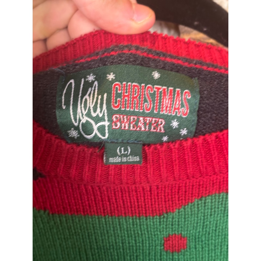 Ugly Christmas Sweater Elf Body Graphic Striped Sleeve Knit Size Large - Picture 5 of 8